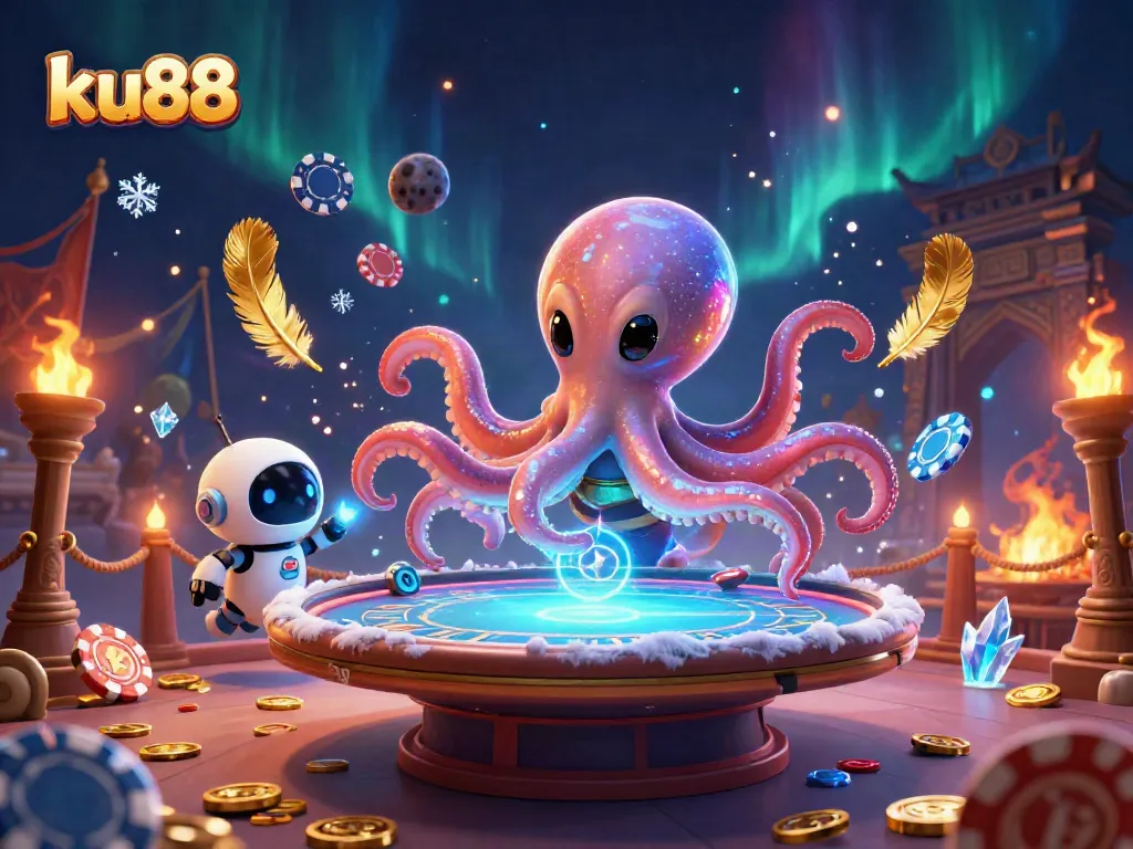 Experience exciting games with ku88, featuring a vibrant 3D cartoon scene of an alien octopus at a poker table.