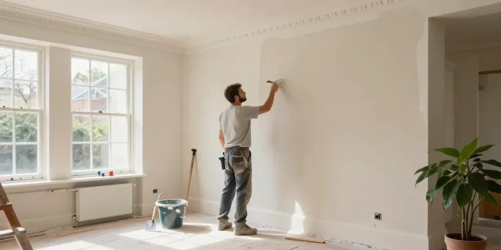 Plastering Service London in action, skilled tradesperson smoothing a wall with tools in a sunlit home.