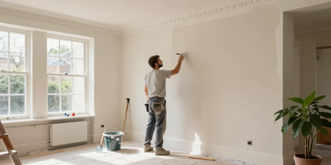 Plastering Service London in action, skilled tradesperson smoothing a wall with tools in a sunlit home.