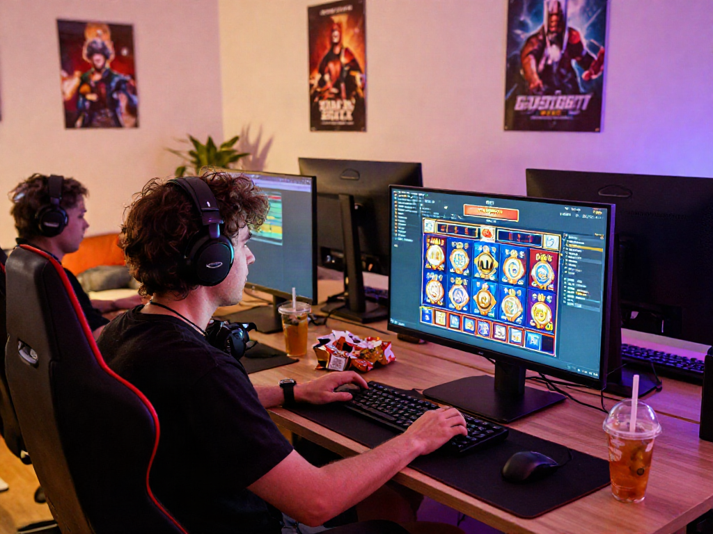 Engaged player enjoying non GamStop slots in a cozy gaming room.