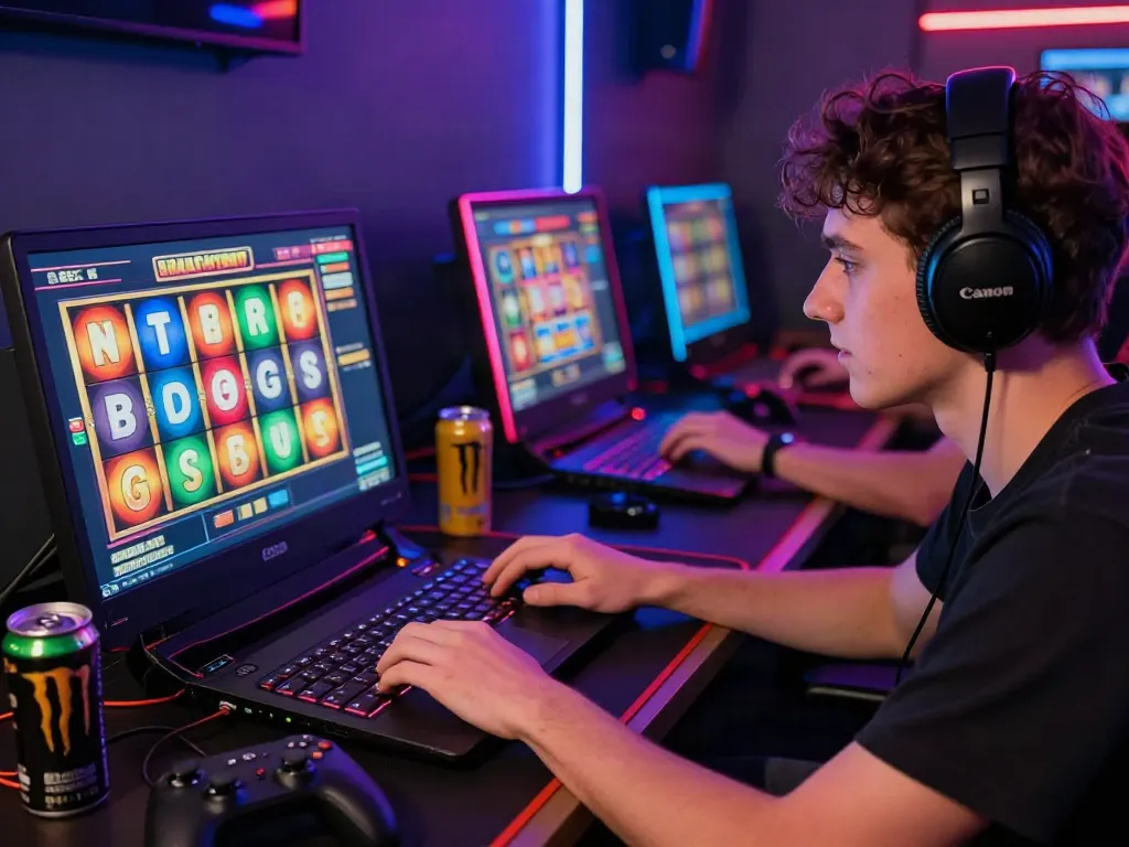 Engaging experience playing non Gamstop slots on a gaming laptop with neon lights and gaming accessories.