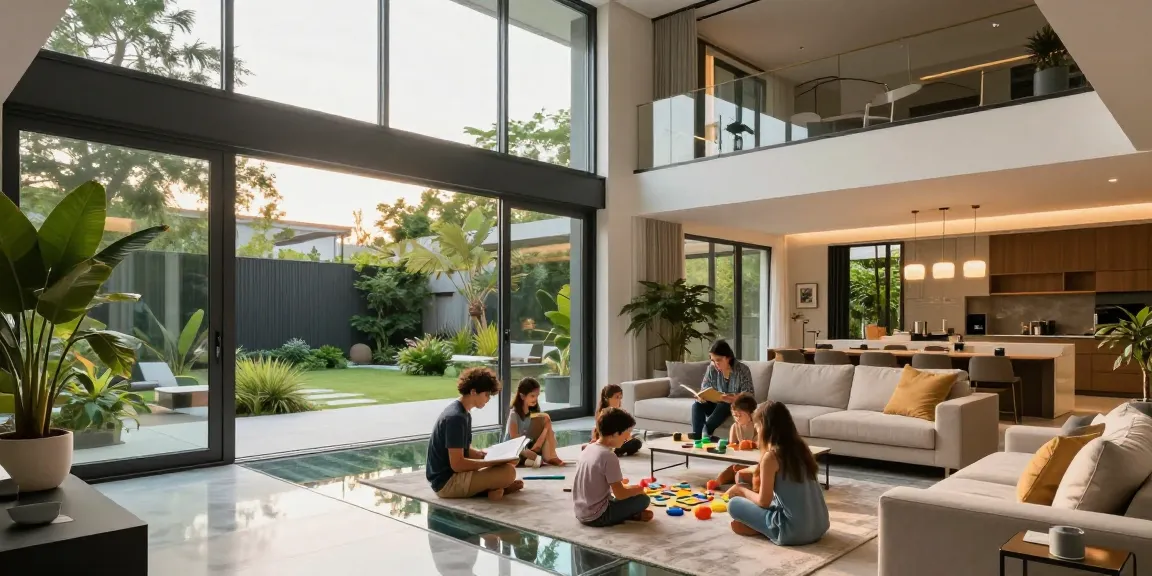 Explore structural glazing solutions in a modern living room with glass flooring enhancing natural light and family interaction.