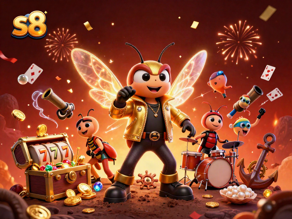 Engage with the exciting world of S8, featuring a 3D cicada rock star, slot reels, and vibrant casino elements.