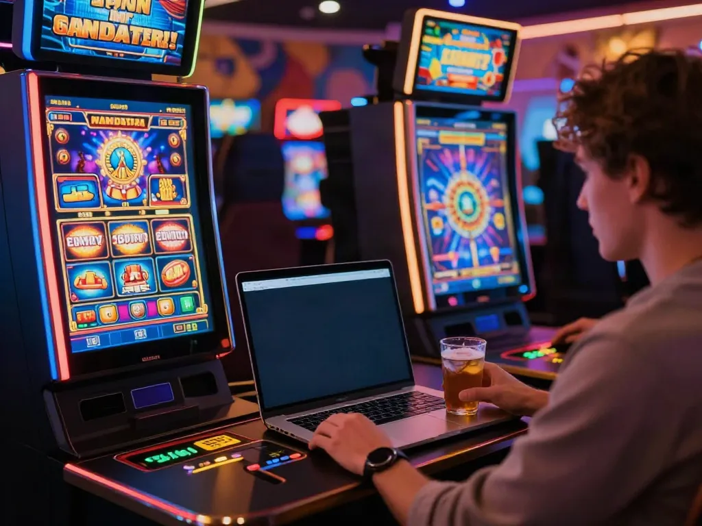 Person celebrating a win while playing non GamStop slots on a laptop in a cozy gaming room.