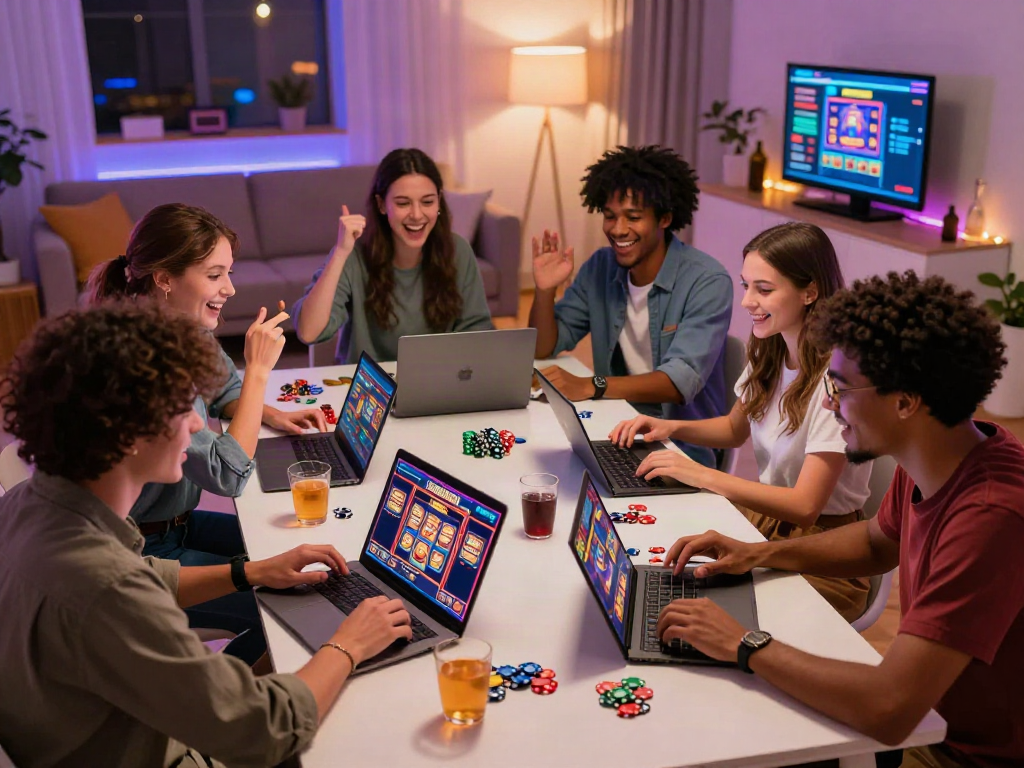 Friends enjoying non GamStop slots in a cozy gaming room atmosphere.