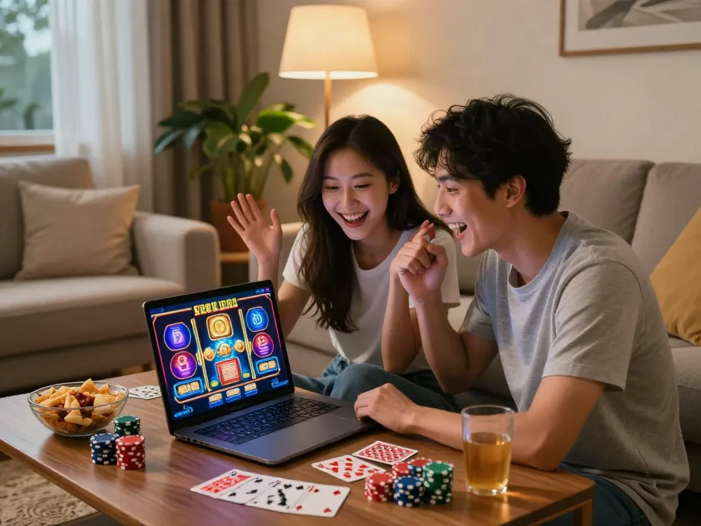 Couple enjoying non gamstop slots in a cozy living room setting.