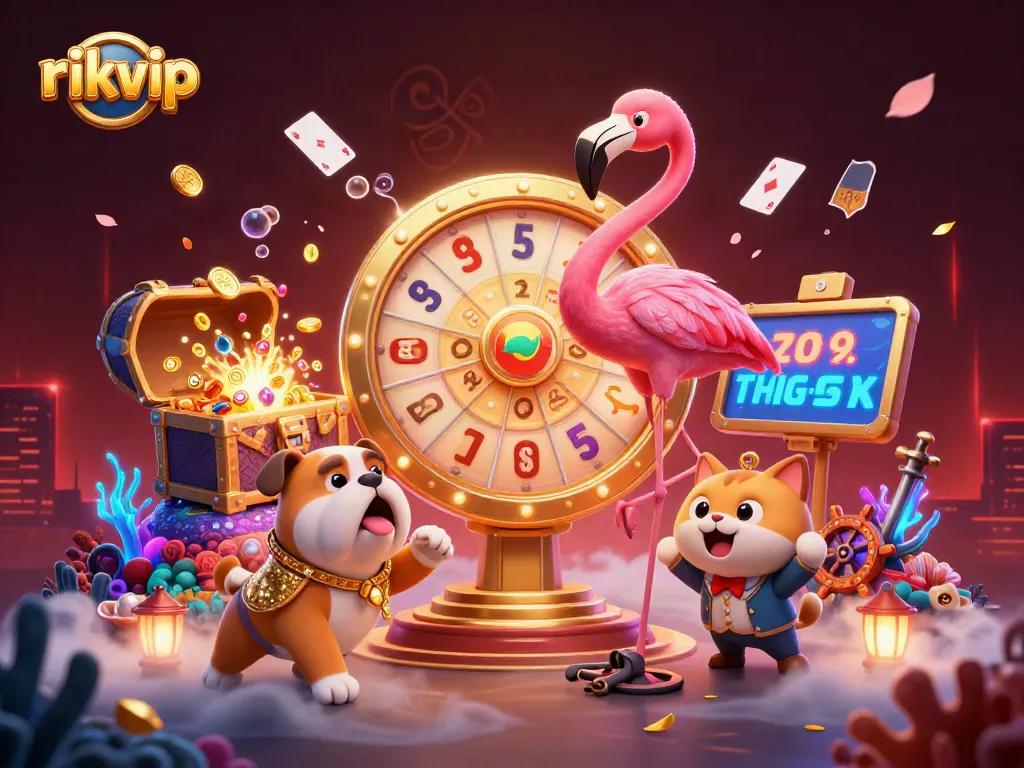 Join the excitement at rikvip with a lively gaming scene featuring vibrant characters and dynamic casino elements.