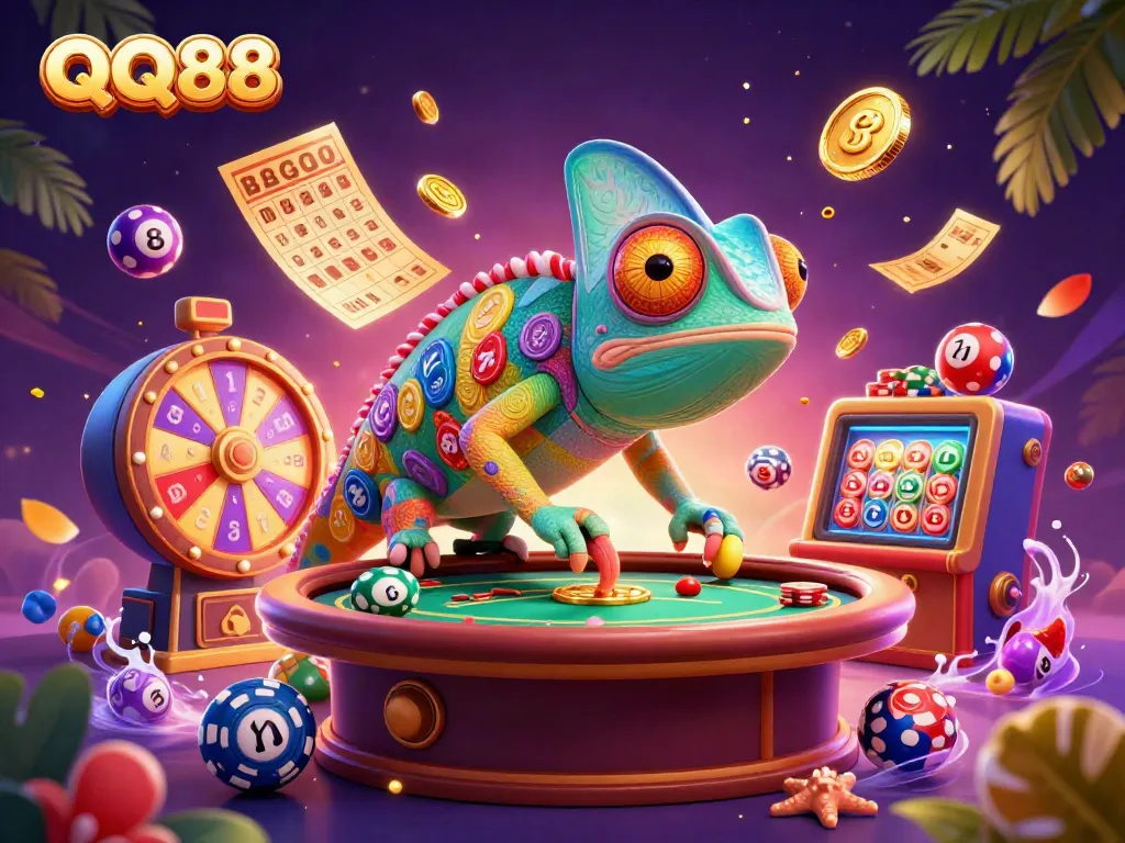 Engage in thrilling gambling with QQ88 as a colorful chameleon captures golden coins amid vibrant casino elements.