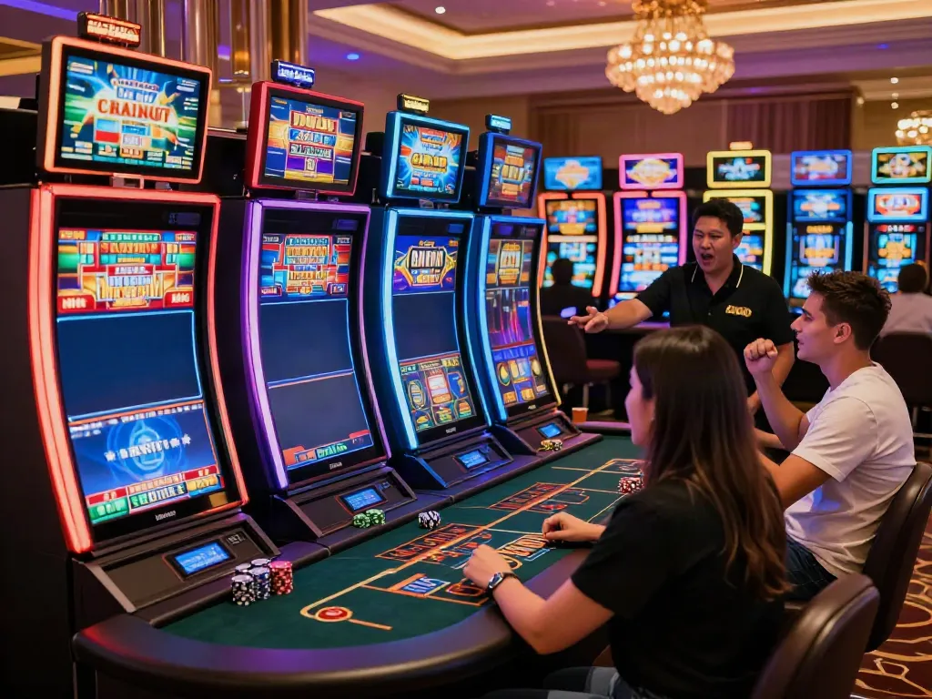 Players enjoying non gamstop slots at a lively casino, celebrating wins amidst colorful machines.