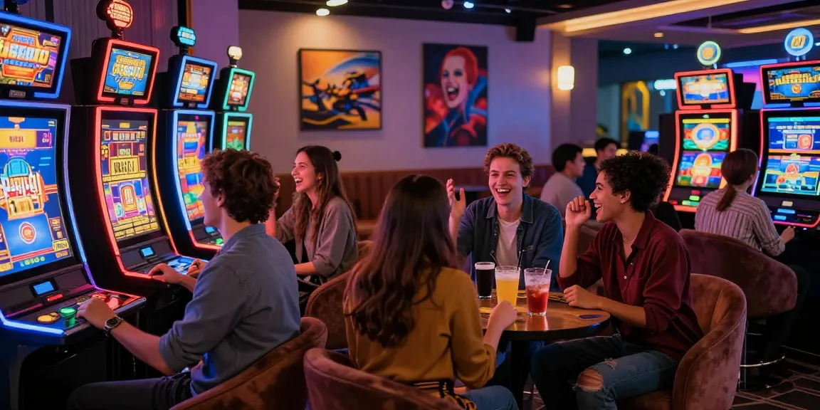Group of friends enjoying non gamstop slots at a vibrant casino lounge.