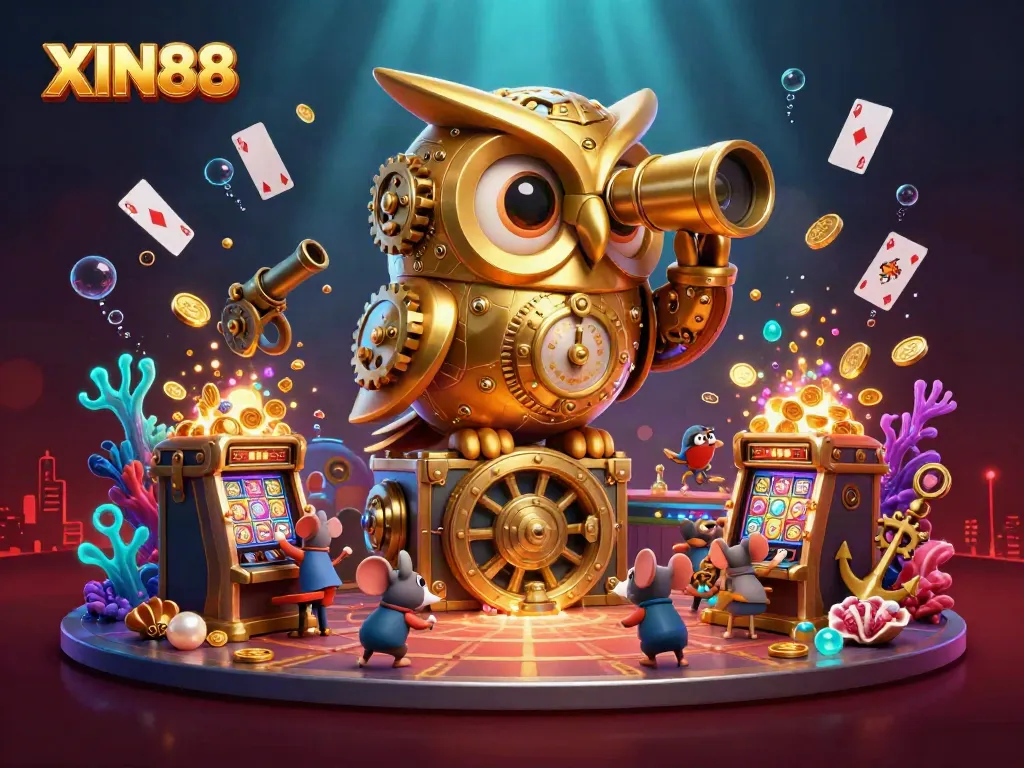 XIN88 casino illustration with a golden owl and wind-up mice near slot machines, bursting treasure chest.