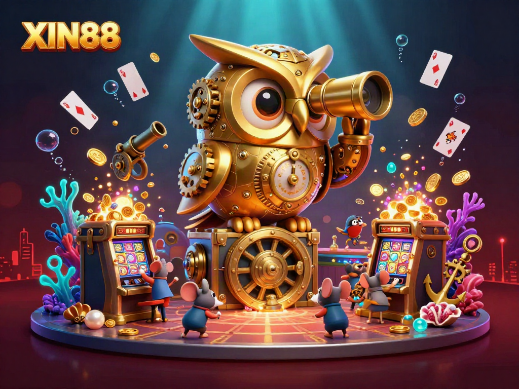 XIN88 casino illustration with a golden owl and wind-up mice near slot machines, bursting treasure chest.