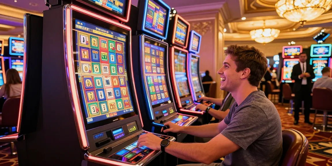 Excited player at non Gamstop slots machine in vibrant casino atmosphere