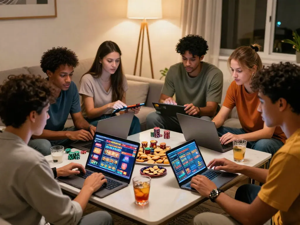 Group of friends enjoying non gamstop slots in a vibrant home setting.
