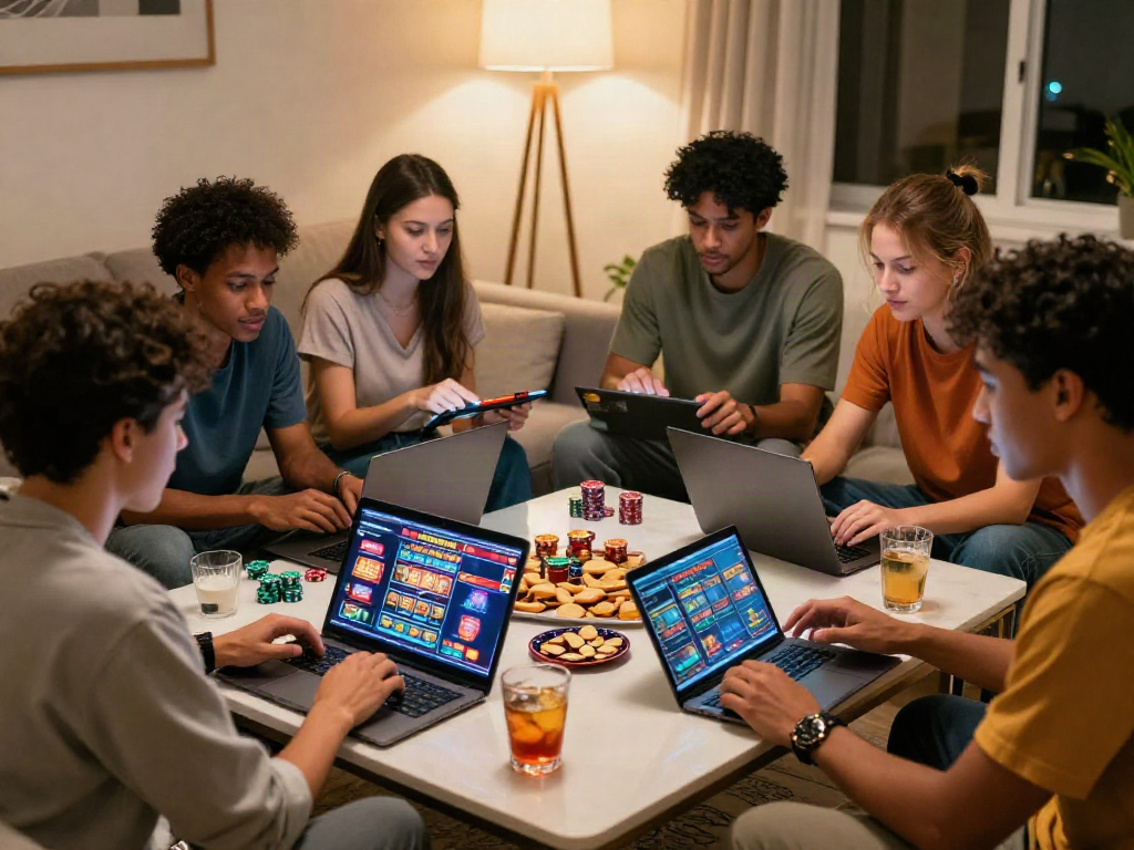 Group of friends enjoying non gamstop slots in a vibrant home setting.