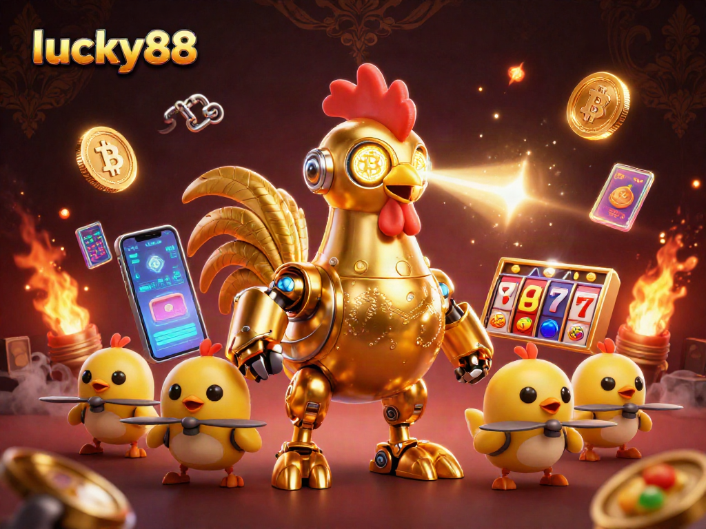 Experience the thrill of lucky88 with a golden rooster robot in a vibrant casino scene.