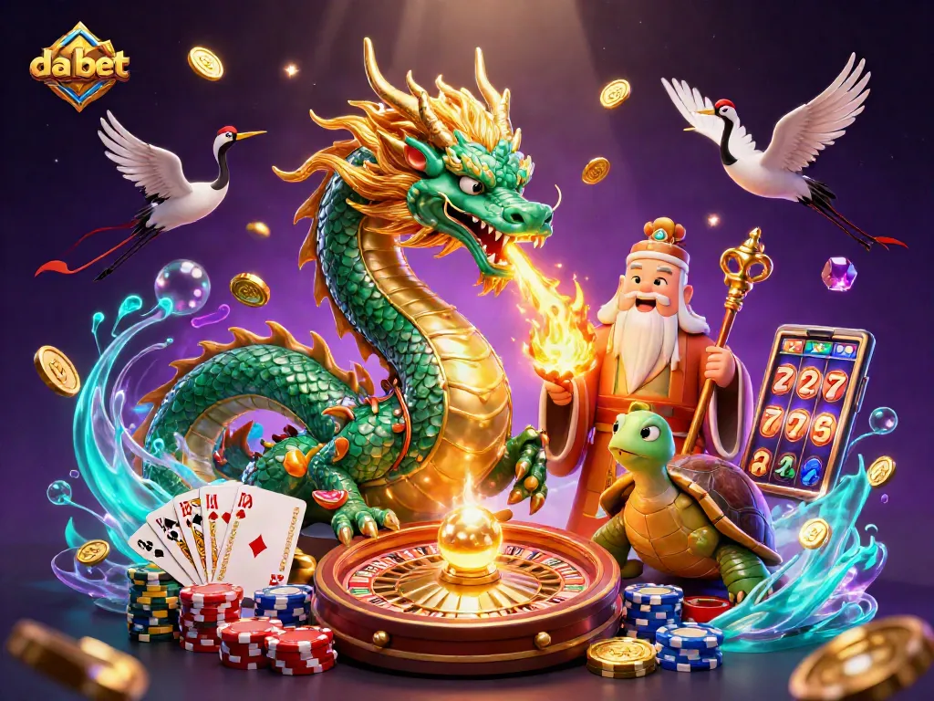 Engage with da bet's thrilling gaming experience featuring a vibrant casino scene of dragons, coins, and cards.