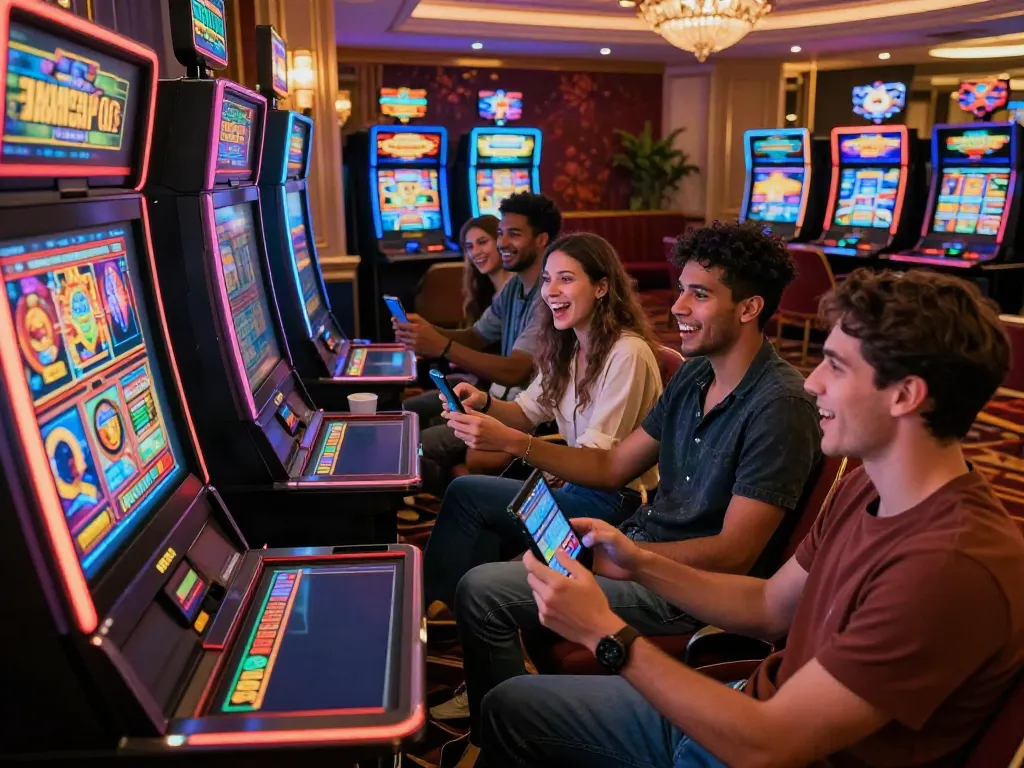 Friends enjoying non gamstop slots together in a vibrant virtual casino setting.