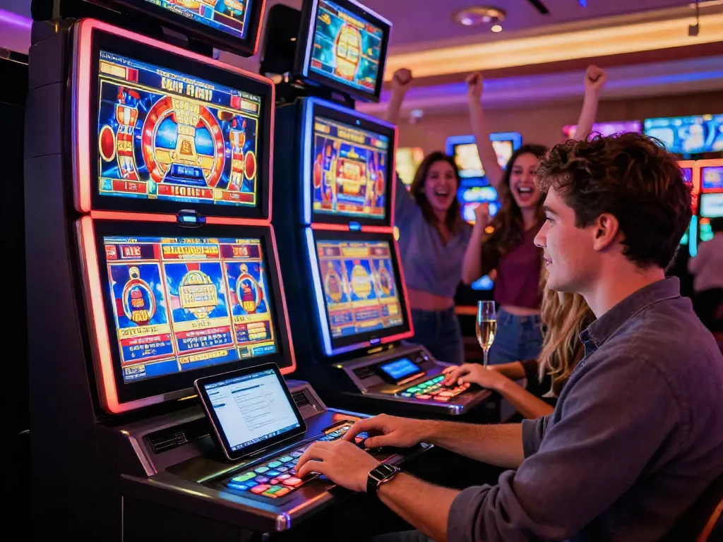 Exciting gaming scene with a player enjoying non gamstop slots at an online casino, surrounded by festive elements and vibrant atmosphere.