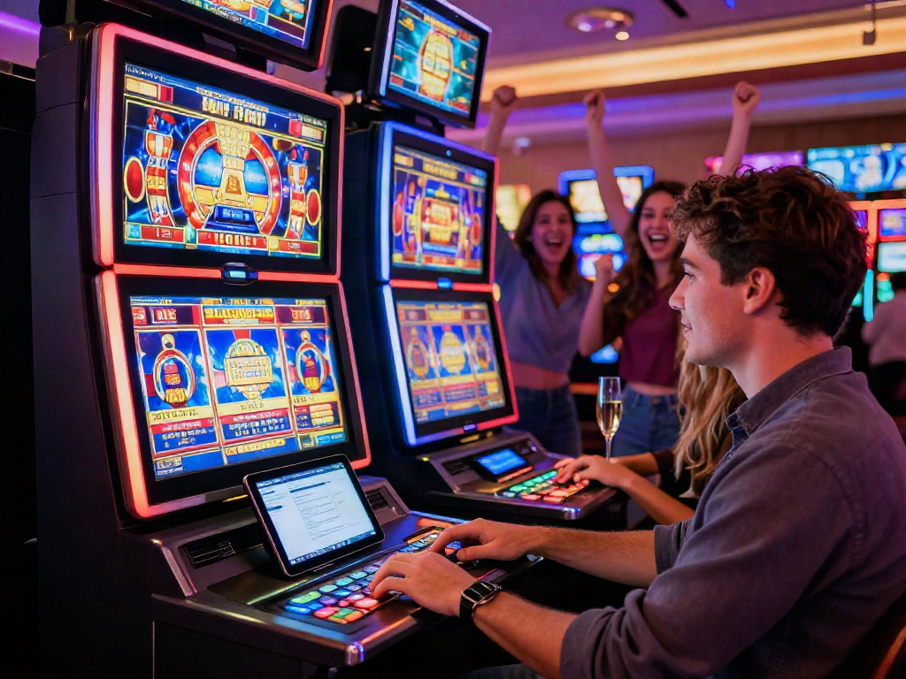 Exciting gaming scene with a player enjoying non gamstop slots at an online casino, surrounded by festive elements and vibrant atmosphere.