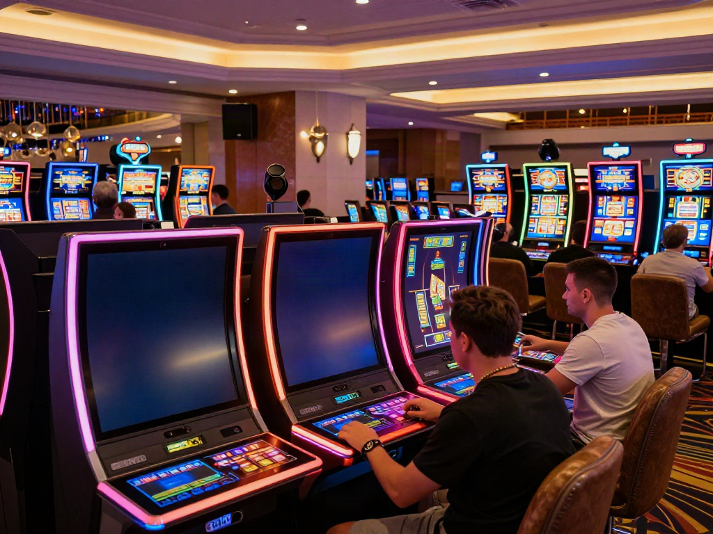 A vibrant casino floor with players enjoying non gamstop slots, showcasing diverse gaming machines and an exciting atmosphere.