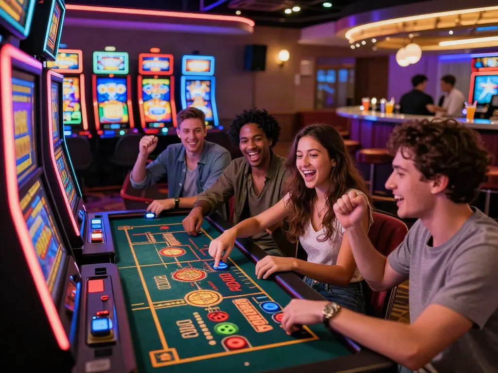 Group of friends enjoying non gamstop slots at a modern casino with vibrant atmosphere.