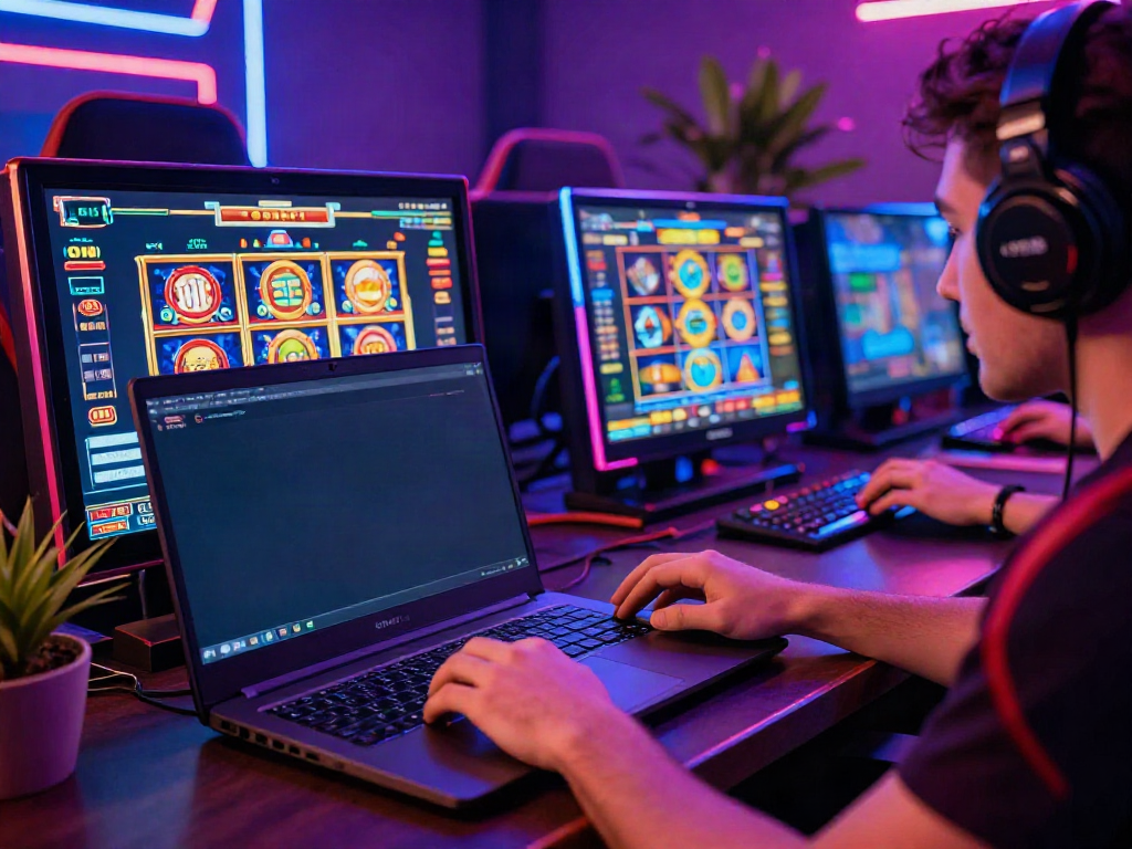 Engaging scene of a player interacting with non gamstop slots on a vibrant gaming laptop.