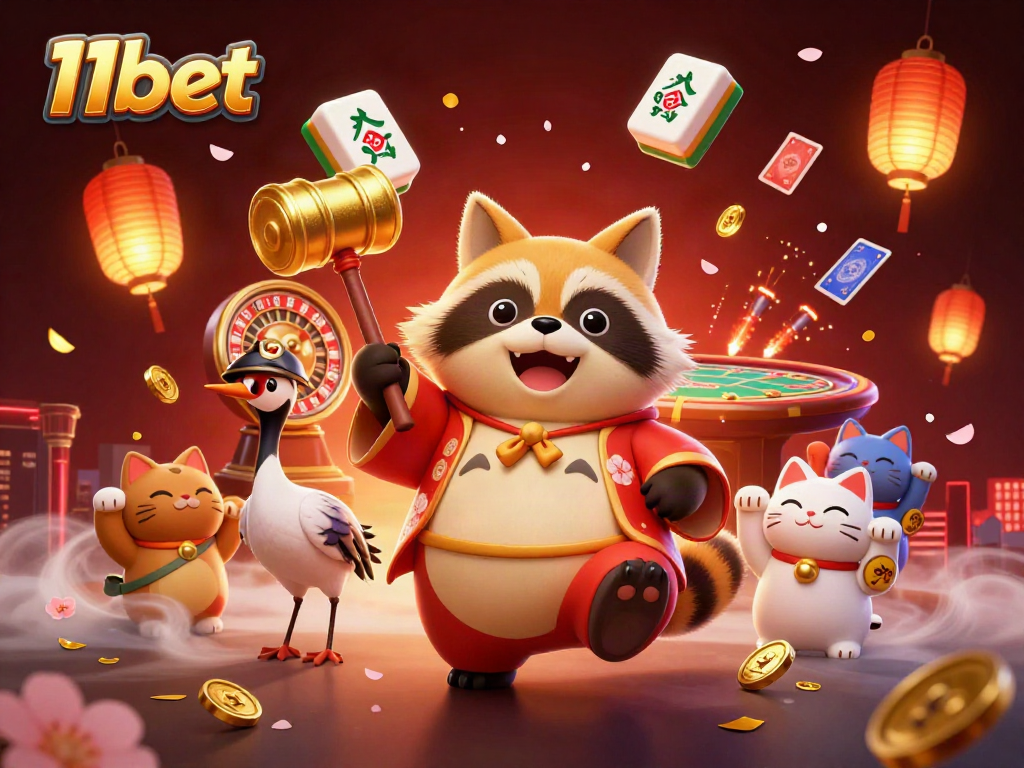 Engage with thrilling games at 11bet featuring a cheerful tanuki and lucky symbols.