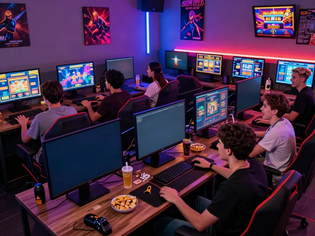 Engaged group playing non gamstop slots in lively gaming lounge