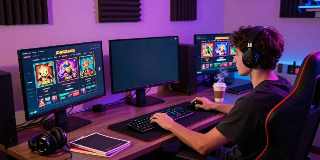Player enjoying non gamstop slots on a vibrant gaming setup