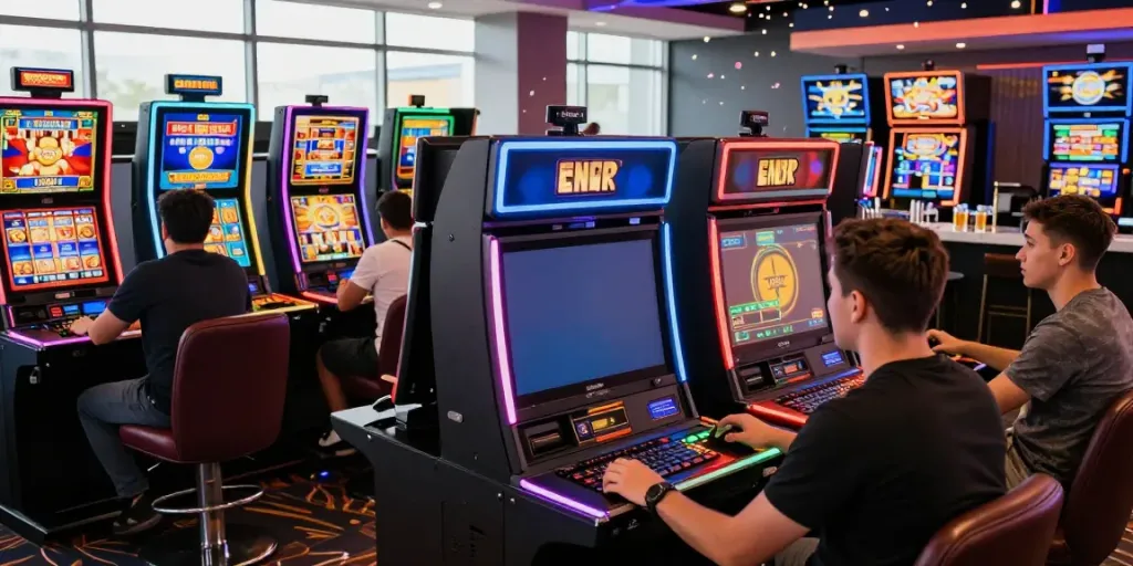 Non gamstop slots gaming scene with diverse players enjoying vibrant digital slot games.