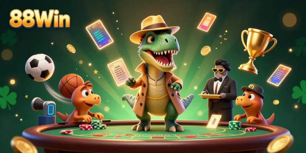 Experience thrilling action at 88Win's blackjack table with cartoon dinosaurs in a vibrant casino scene.