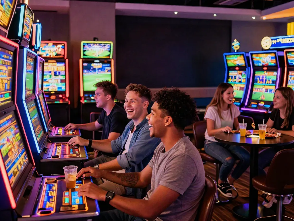 Friends enjoying non Gamstop slots in a lively casino atmosphere.