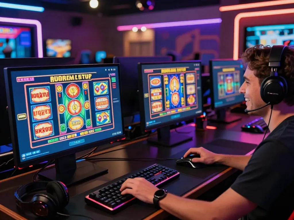 Engaged player enjoying non gamstop slots at a vibrant online casino setup.