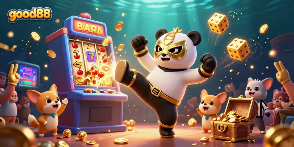 Experience the excitement of good88 with a vibrant casino scene showcasing a wrestling panda and a jackpot explosion.