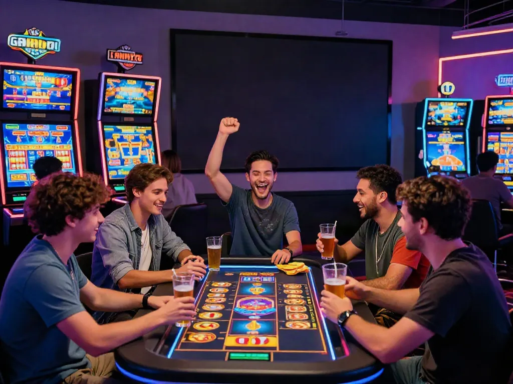 Exciting non Gamstop slots gaming scene with players celebrating wins and colorful machines.