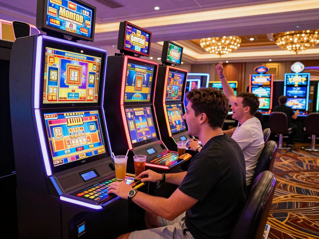 Exciting non gamstop slots experience on a colorful casino floor with animated games and enthusiastic players.