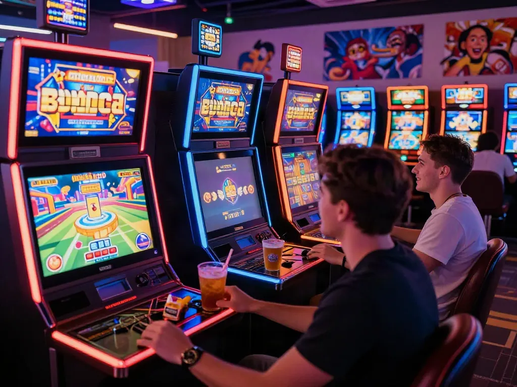 Diverse group enjoying non gamstop slots games in a vibrant gaming lounge.