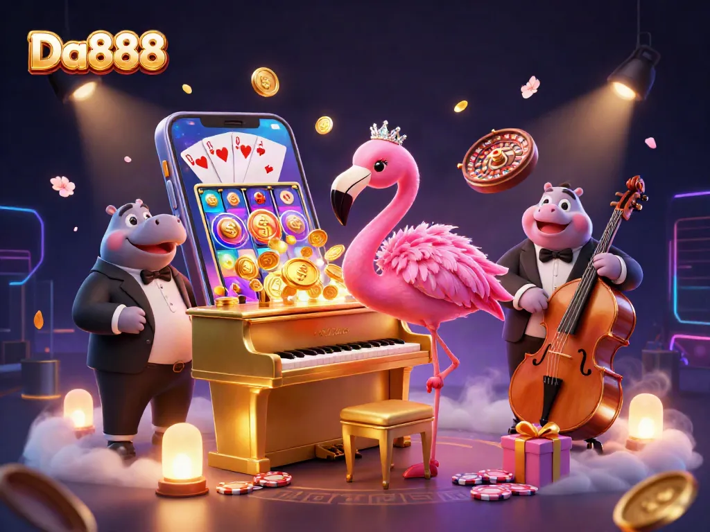 Experience thrilling casino entertainment at Da888 with a vibrant scene of a flamingo singer and hippo bassist.
