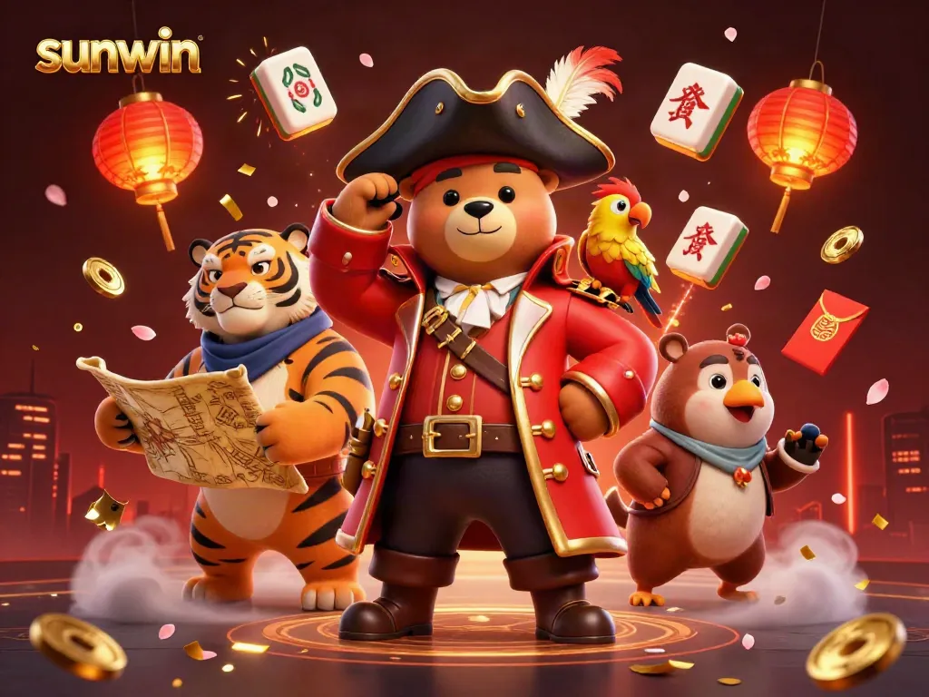 Experience the thrill of sunwin with a dynamic 3D illustration featuring gambling-themed characters and elements.