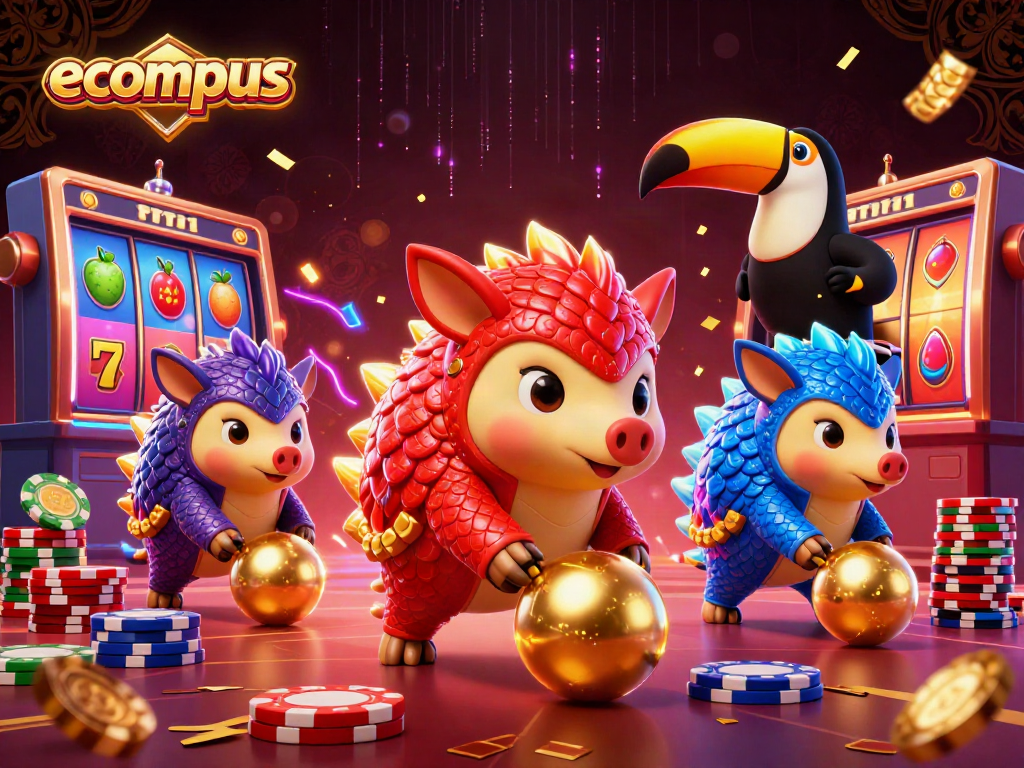 Experience thrilling gameplay with ecompus through rival pangolins in a vibrant casino scene, featuring exciting slot elements.