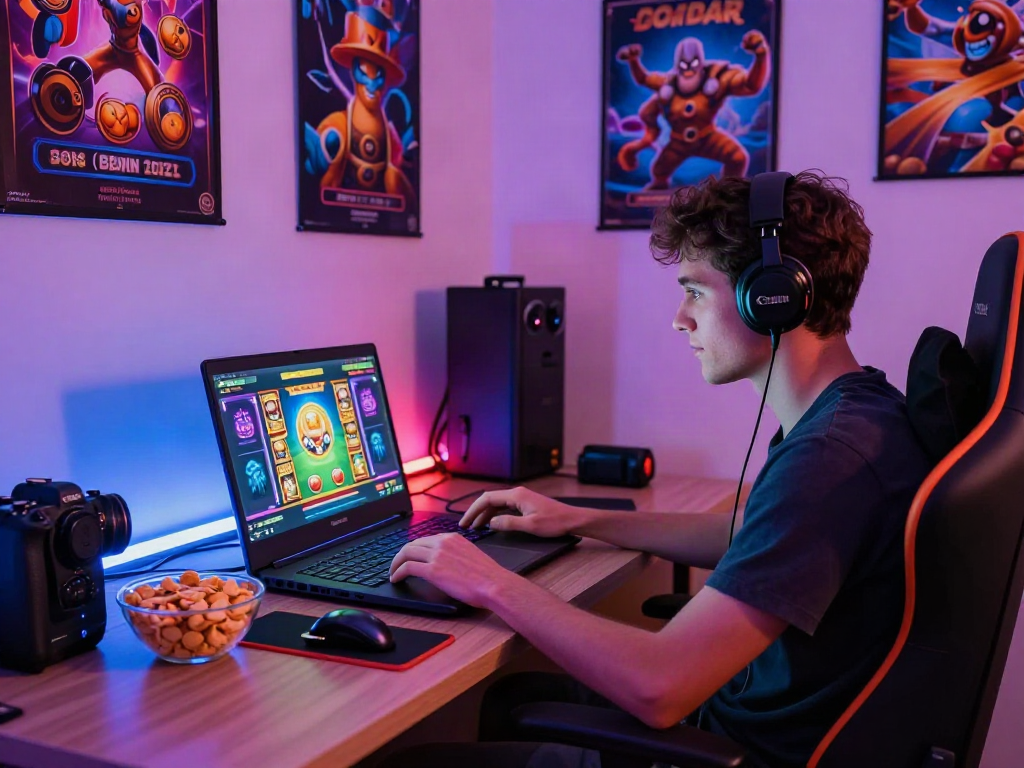 Player enjoying non gamstop slots on a gaming laptop with colorful lighting and inviting atmosphere.