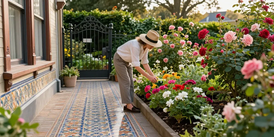 Beautiful period property tiling decorates a Victorian garden path, enhancing the flowery landscape.