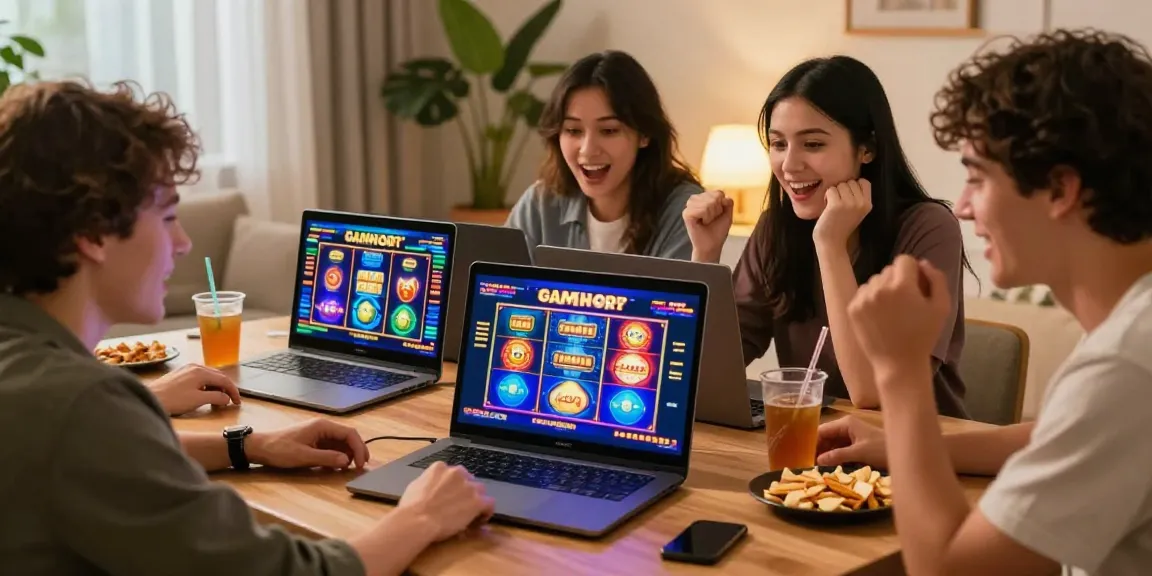Friends enjoying non gamstop slots on a laptop in a cozy living room.