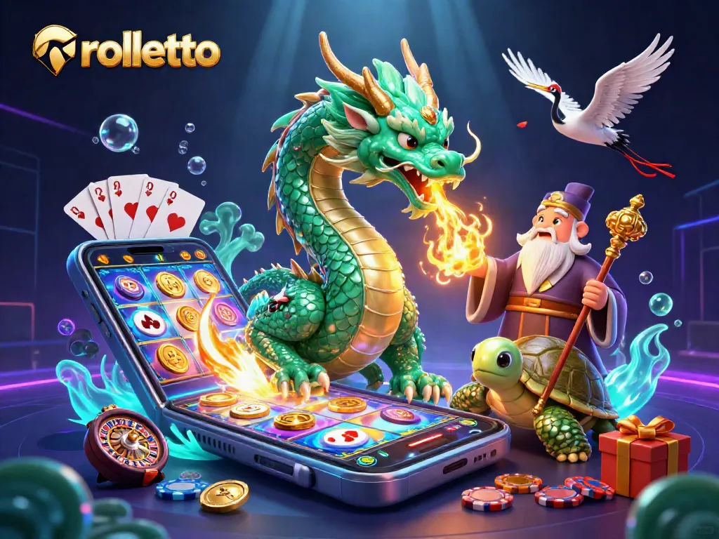 Experience rolletto's vibrant casino world with an emerald dragon and dynamic gaming elements.