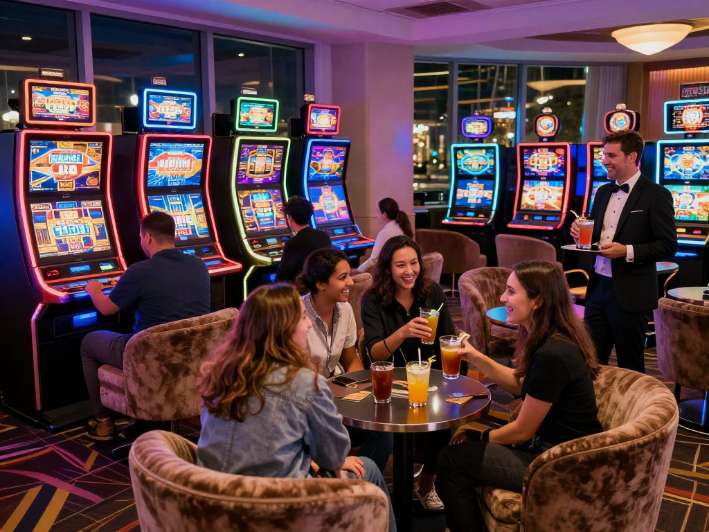 Exciting non gamstop slots gaming scene with players enjoying colorful machines and elegant lounge.