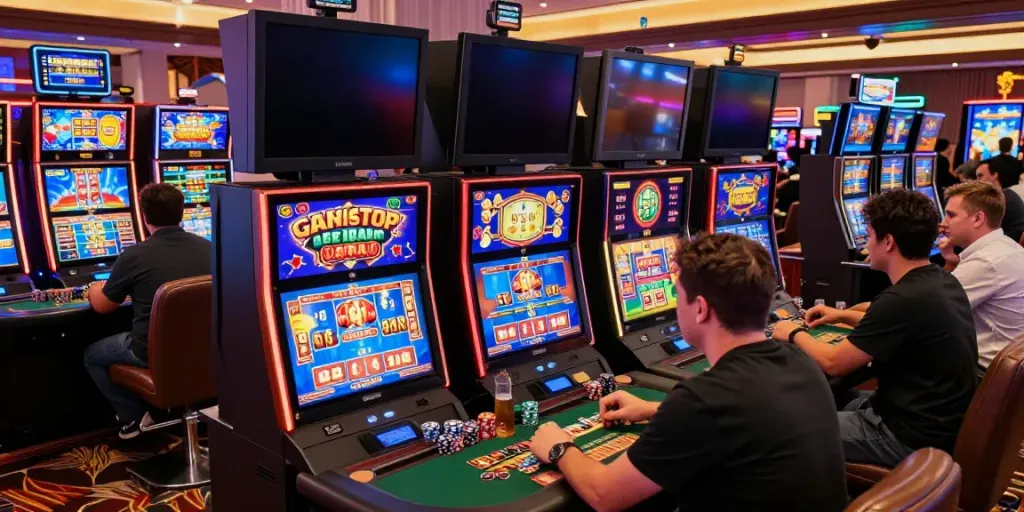 Players enjoying non Gamstop slots in a lively casino atmosphere with modern gaming machines.