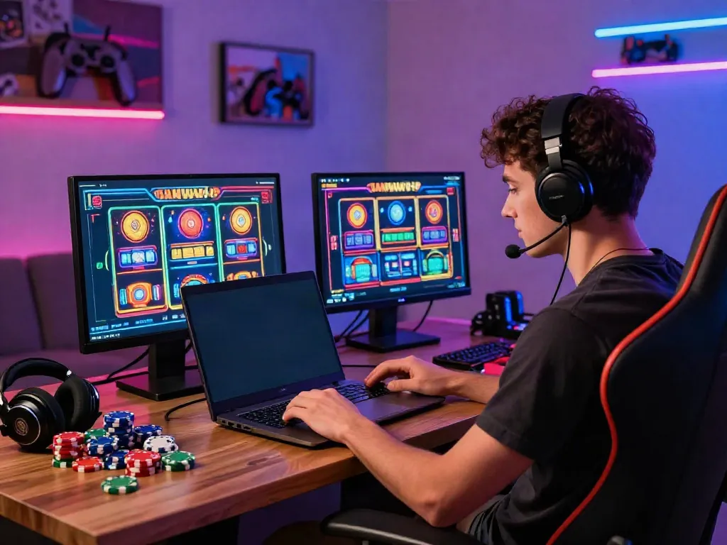 Player enjoying non gamstop slots on a laptop in a cozy gaming space.