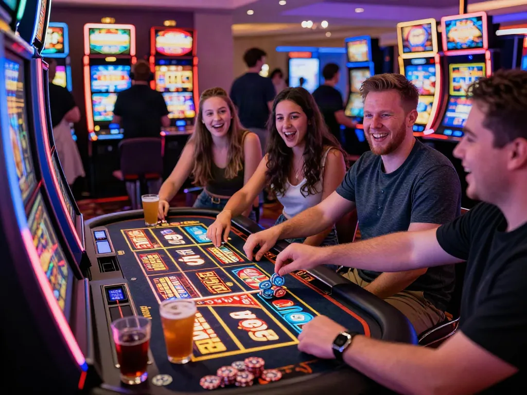 Group celebrating while playing non gamstop slots in a vibrant casino atmosphere.