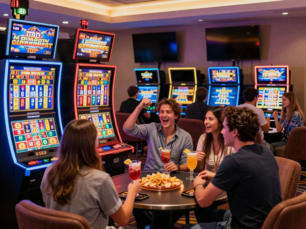 Thrilled players enjoying exciting non gamstop slots at a lively casino.